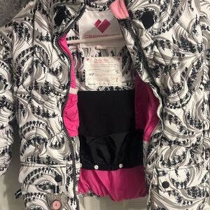Obermeyer Kids' Black and White SKI Jacket with Pink Accents and removable hood
